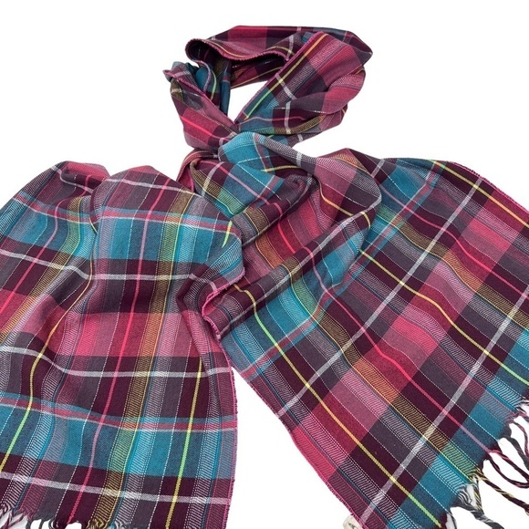 O’Neill Unisex Aqua Plum Tartan Plaid Lightweight Rectangular Scarf with Fringe - Picture 4 of 7